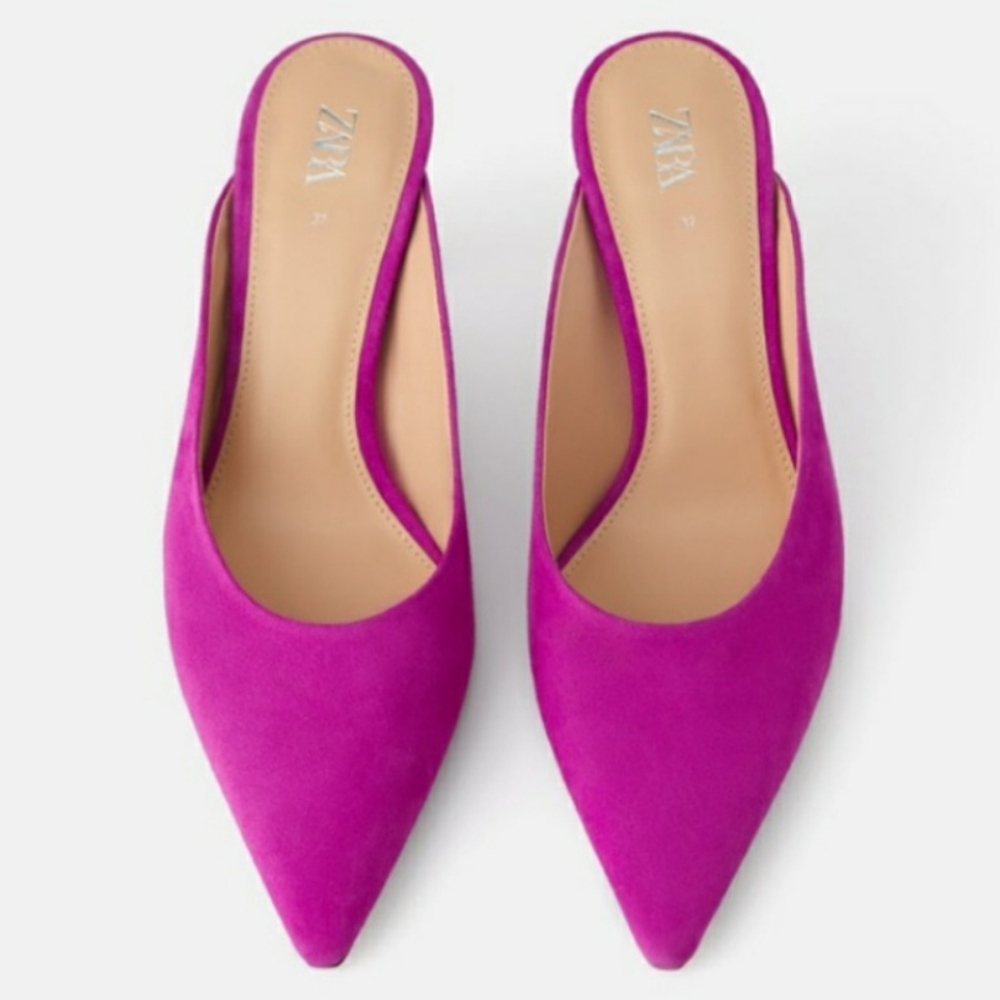 Zara Fuschia Leather slide on stiletto kitten heel sz 38 (7.5) pointy toe mule